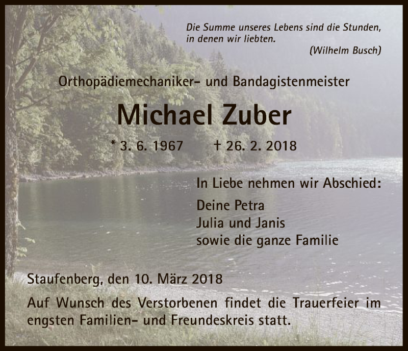  Traueranzeige für Michael Zuber vom 10.03.2018 aus HNA