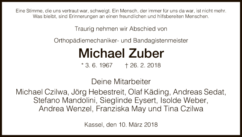  Traueranzeige für Michael Zuber vom 10.03.2018 aus HNA