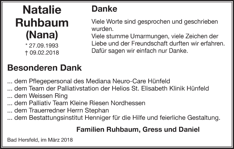  Traueranzeige für Natalie Ruhbaum vom 10.03.2018 aus etm
