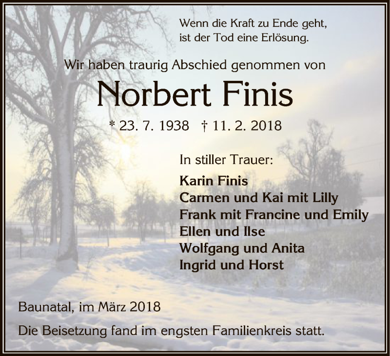  Traueranzeige für Norbert Finis vom 10.03.2018 aus HNA