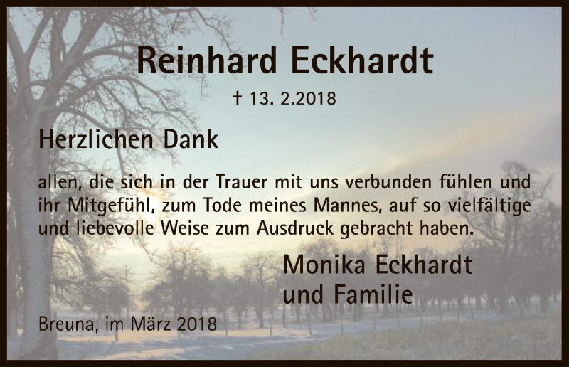  Traueranzeige für Reinhard Eckhardt vom 17.03.2018 aus HNA