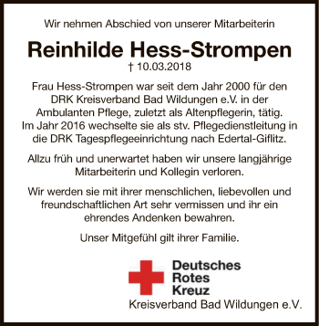 Traueranzeige von Reinhilde Hess-Strompen von HNA