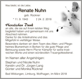 Traueranzeige von Renate Nuhn von HNA