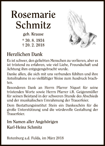 Traueranzeige von Rosemarie Schmitz von HNA