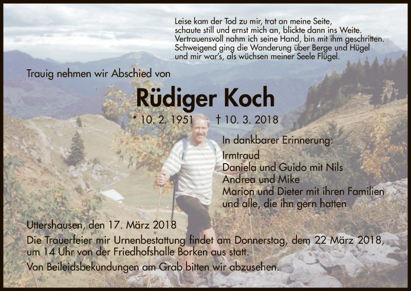  Traueranzeige für Rüdiger Koch vom 17.03.2018 aus HNA