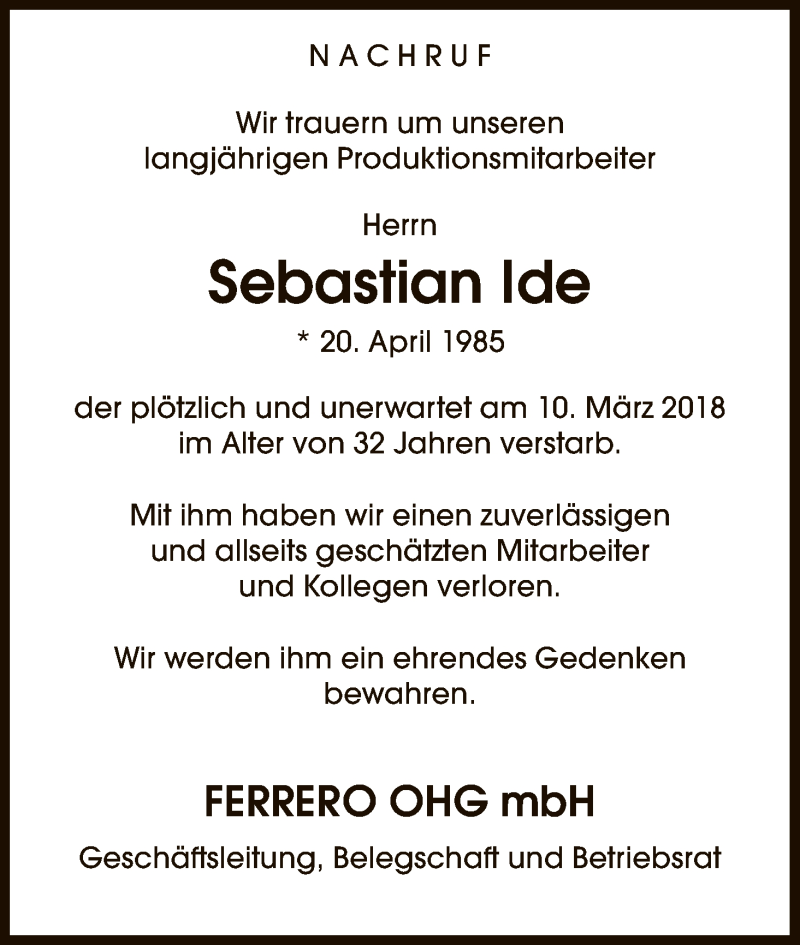  Traueranzeige für Sebastian Ide vom 16.03.2018 aus HNA