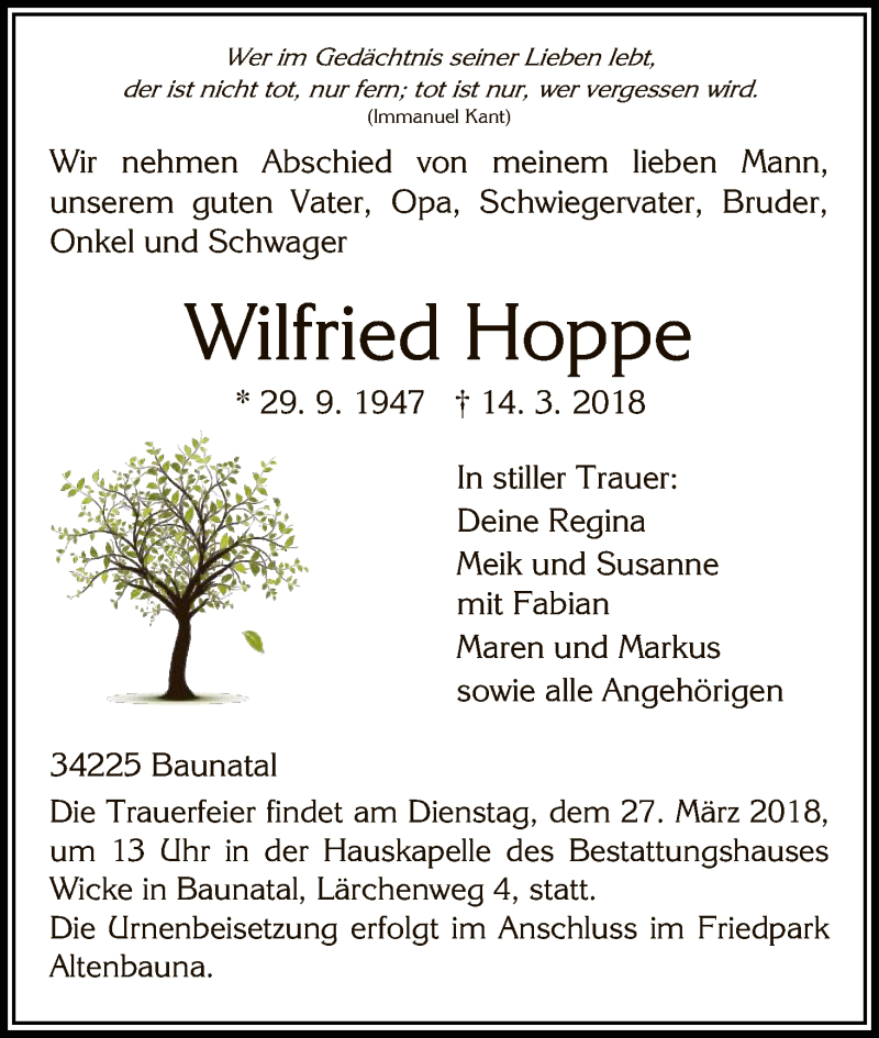  Traueranzeige für Wilfried Hoppe vom 22.03.2018 aus HNA