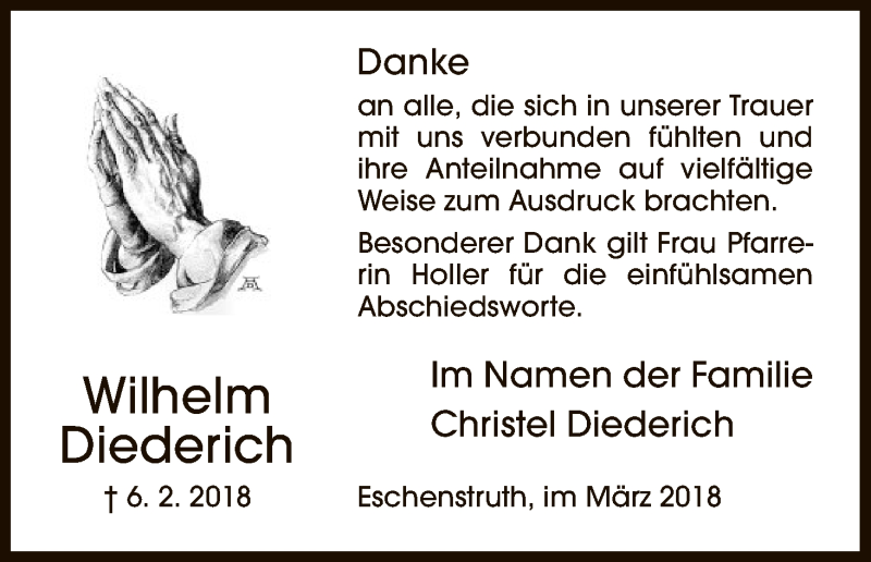  Traueranzeige für Wilhelm Diederich vom 10.03.2018 aus HNA