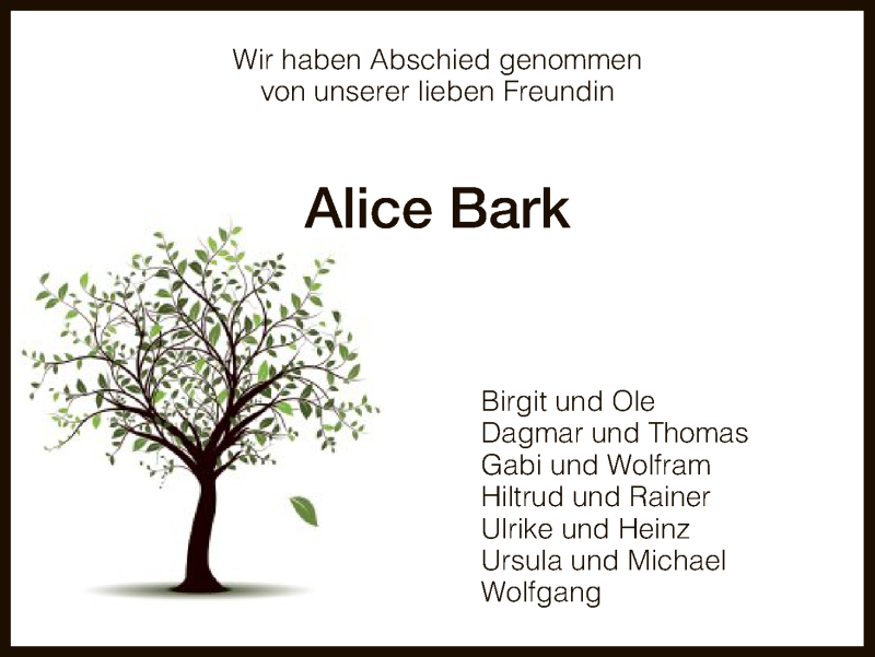  Traueranzeige für Alice Bark vom 28.04.2018 aus HNA