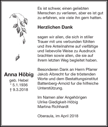 Traueranzeige von Anna Höbig von etm