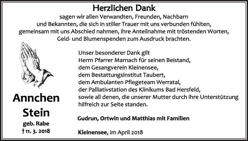  Traueranzeige für Annchen Stein vom 18.04.2018 aus etm