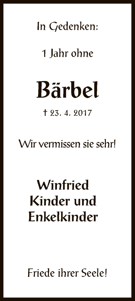  Traueranzeige für Bärbel Rebohl vom 23.04.2018 aus HNA