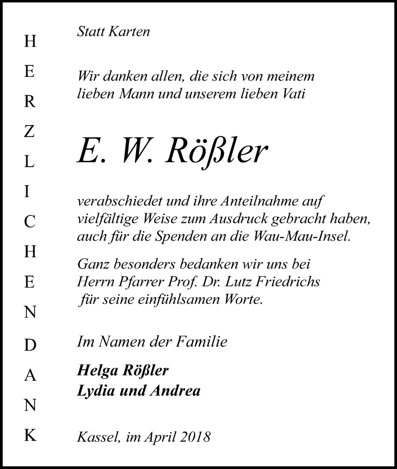  Traueranzeige für Ernst Winfried Rößler vom 07.04.2018 aus HNA