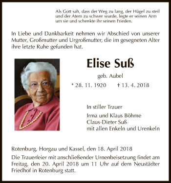 Traueranzeige von Elise Suß von HNA