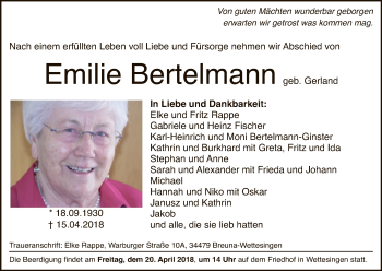 Traueranzeige von Emilie Bertelmann von HNA