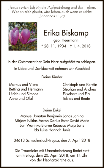 Traueranzeige von Erika Biskamp von HNA