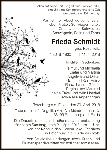 Traueranzeige von Frieda Schmidt von HNA