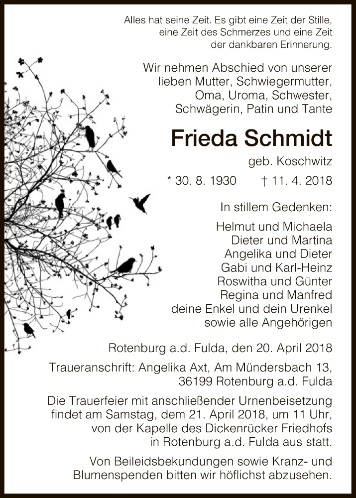  Traueranzeige für Frieda Schmidt vom 20.04.2018 aus HNA