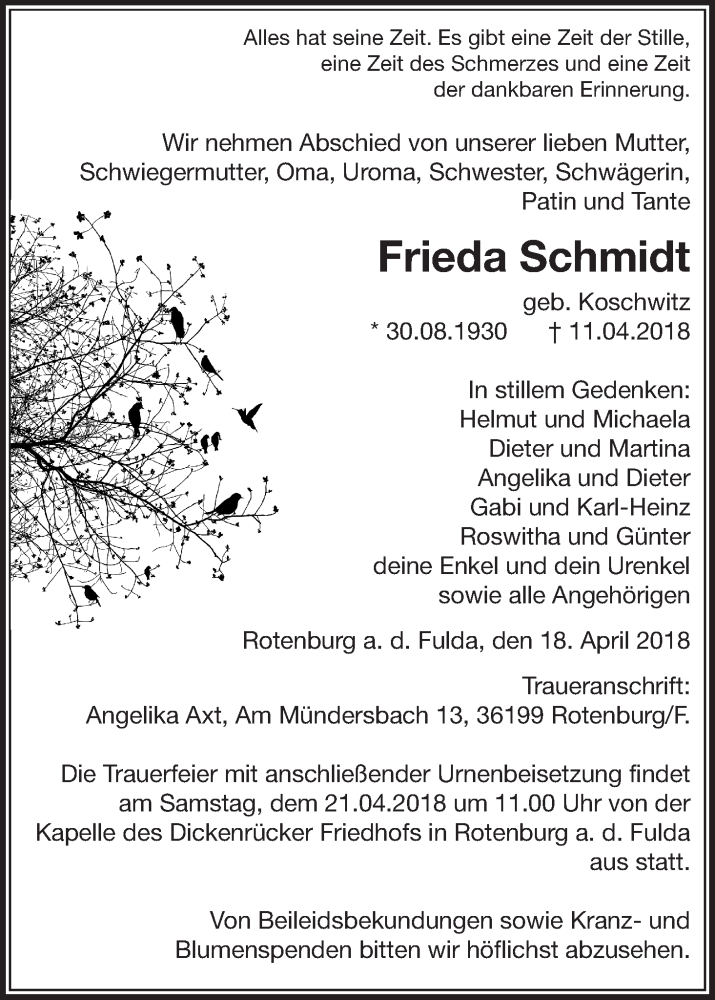  Traueranzeige für Frieda Schmidt vom 18.04.2018 aus etm