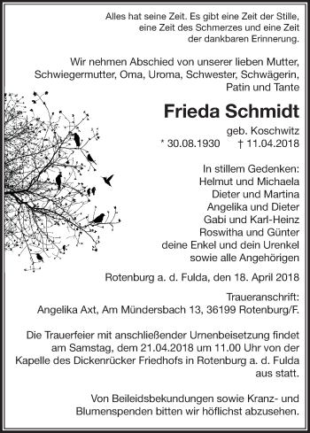 Traueranzeige von Frieda Schmidt von etm