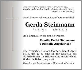 Traueranzeige von Gerda Steinmann von HNA