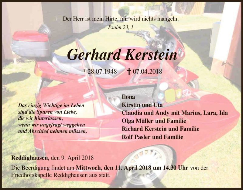  Traueranzeige für Gerhard Kerstein vom 09.04.2018 aus HNA