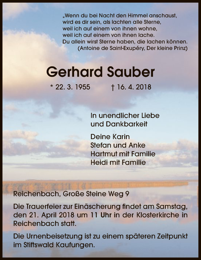  Traueranzeige für Gerhard Sauber vom 19.04.2018 aus HNA