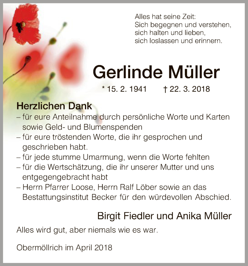  Traueranzeige für Gerlinde Müller vom 21.04.2018 aus HNA