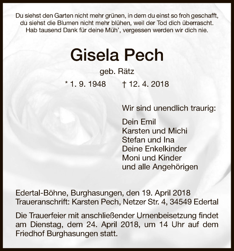  Traueranzeige für Gisela Pech vom 19.04.2018 aus HNA