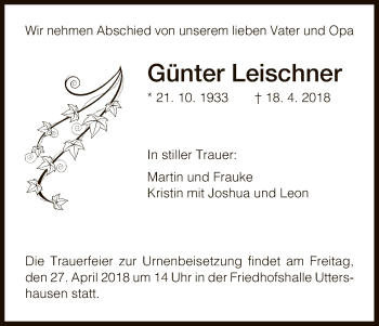 Traueranzeige von Günter Leischner von HNA