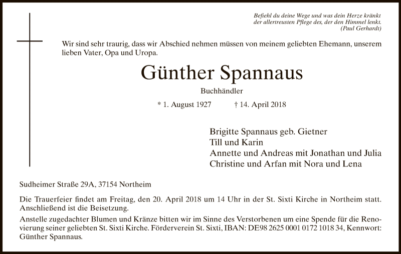  Traueranzeige für Günther Spannaus vom 17.04.2018 aus HNA