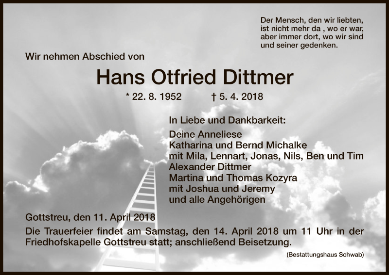  Traueranzeige für Hans Otfried Dittmer vom 11.04.2018 aus HNA