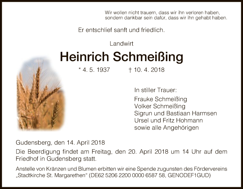  Traueranzeige für Heinrich Schmeißing vom 17.04.2018 aus HNA