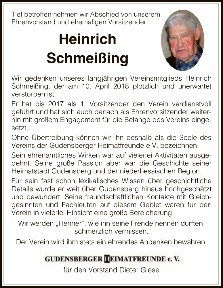  Traueranzeige für Heinrich Schmeißing vom 17.04.2018 aus HNA