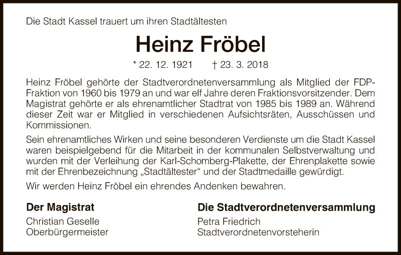  Traueranzeige für Heinz Fröbel vom 14.04.2018 aus HNA