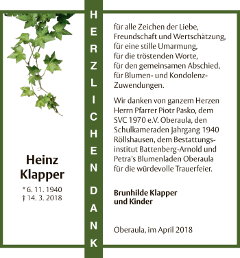 Traueranzeige von Heinz Klapper von HNA