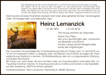 Traueranzeige von Heinz Lemanzick von HNA