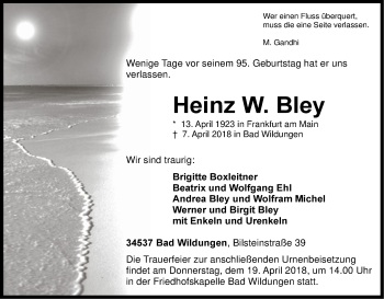Traueranzeige von Heinz W. Bley von HNA