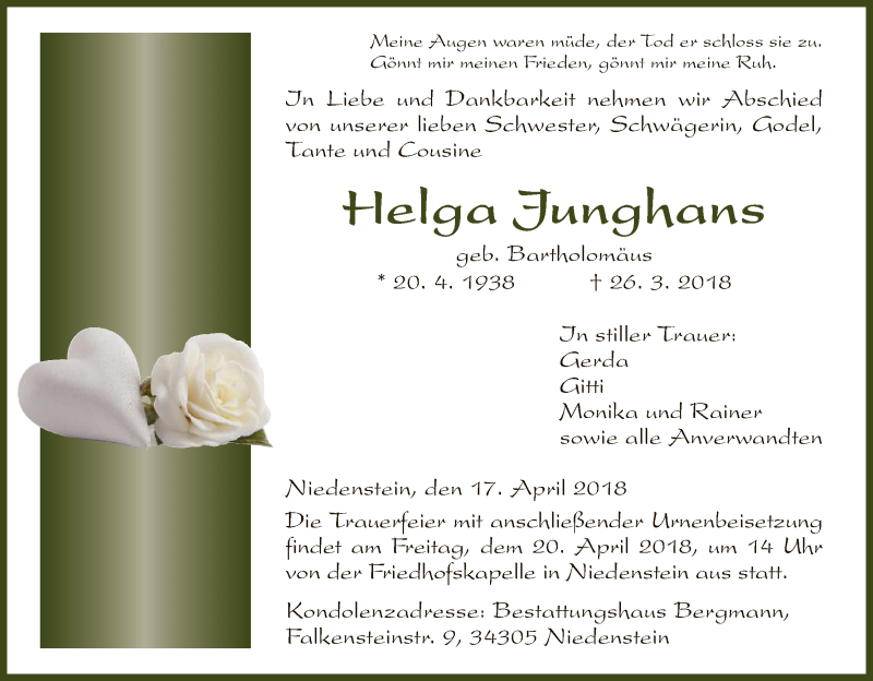 Traueranzeigen von Helga Junghans Trauer.HNA.de