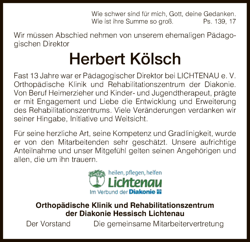  Traueranzeige für Herbert Kölsch vom 18.04.2018 aus HNA