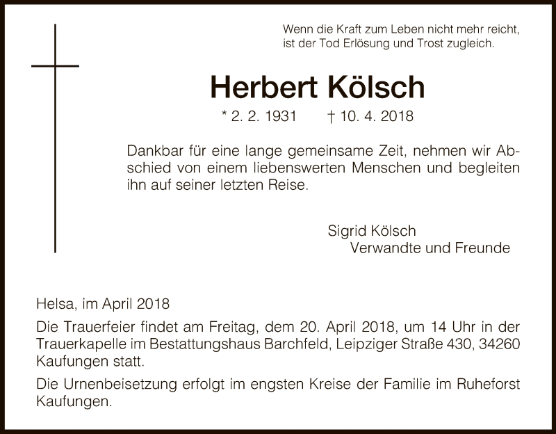  Traueranzeige für Herbert Kölsch vom 16.04.2018 aus HNA