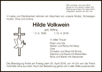 Traueranzeige von Hilde Volkwein von HNA