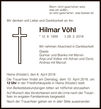 Traueranzeige von Hilmar Vöhl von HNA