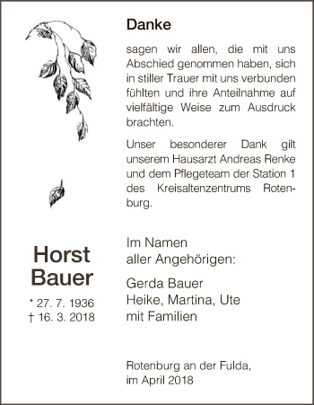 Traueranzeige von Horst Bauer von HNA