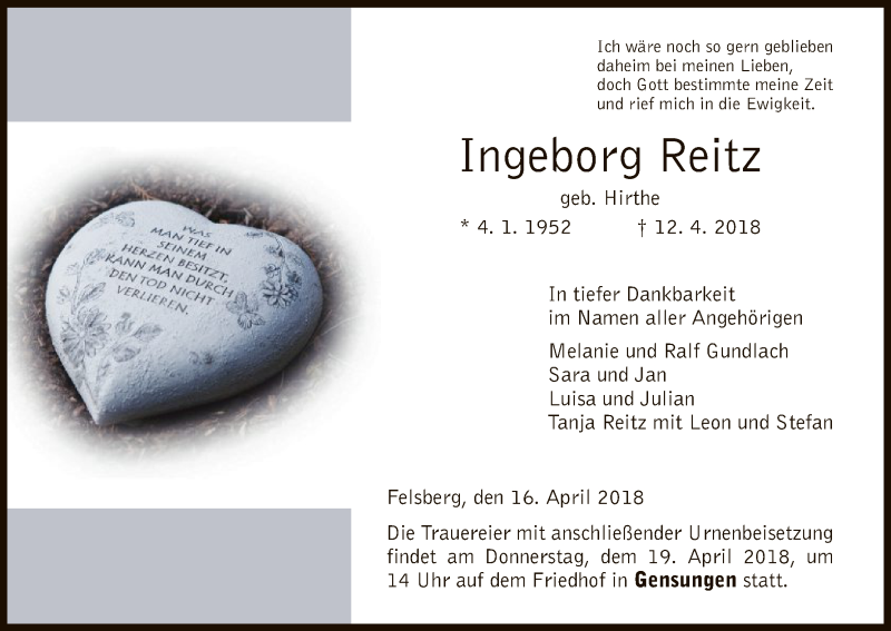  Traueranzeige für Ingeborg Reitz vom 16.04.2018 aus HNA
