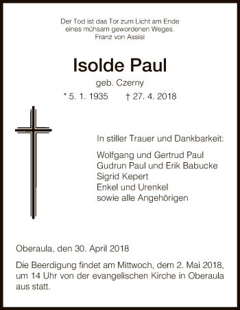 Traueranzeige von Isolde Paul von HNA