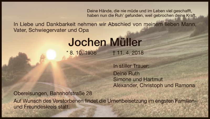  Traueranzeige für Jochen Müller vom 14.04.2018 aus HNA