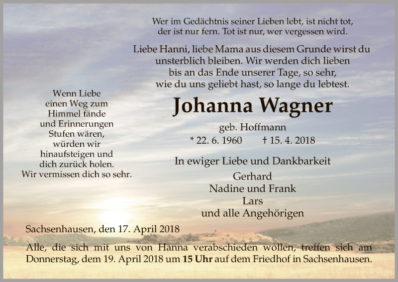  Traueranzeige für Johanna Wagner vom 17.04.2018 aus HNA