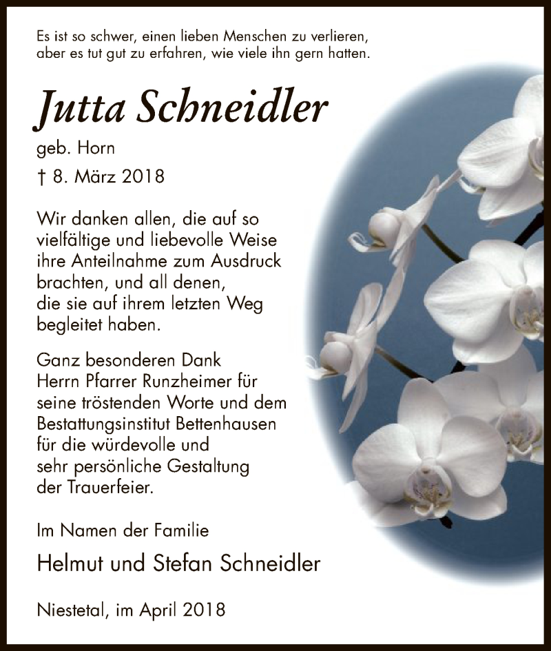  Traueranzeige für Jutta Schneidler vom 07.04.2018 aus HNA