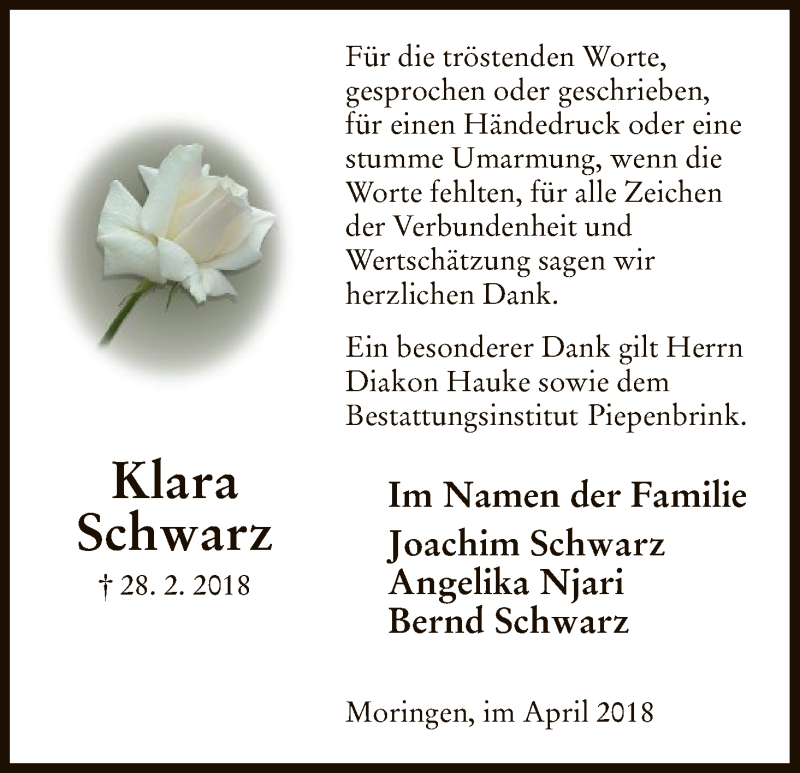  Traueranzeige für Klara Schwarz vom 14.04.2018 aus HNA